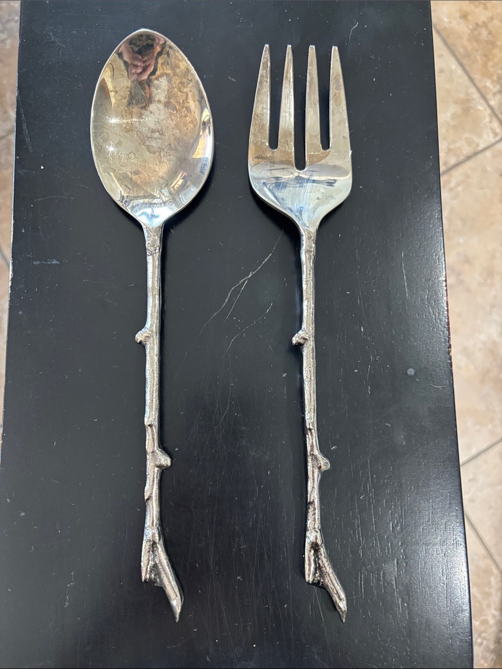 Silver Twig-Handle Serving Spoon and Fork Set - Silver Rustic Style